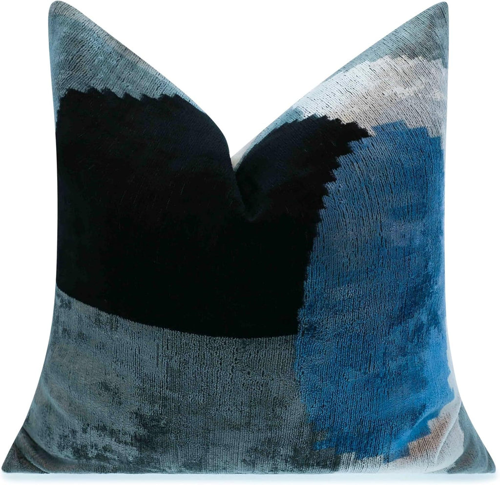 Velvet Throw Pillow with Blue and Black Modern Abstract Design 20x20 Inch