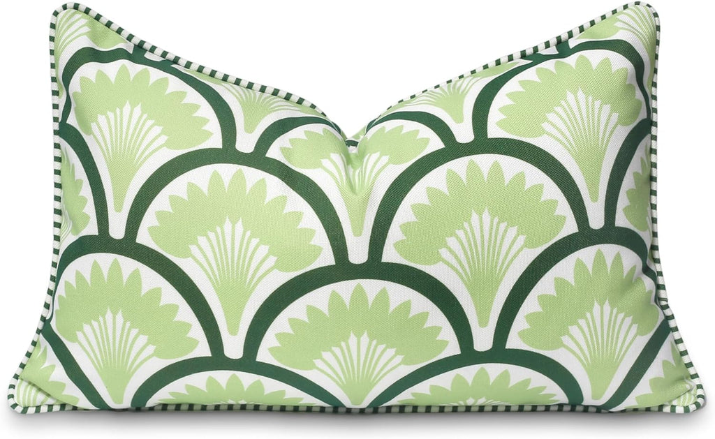 Patio Indoor Outdoor Throw Pillow Cover Only, 20"x20" Water Repellent for Backyard, Couch, Green Print Geometric Leafs