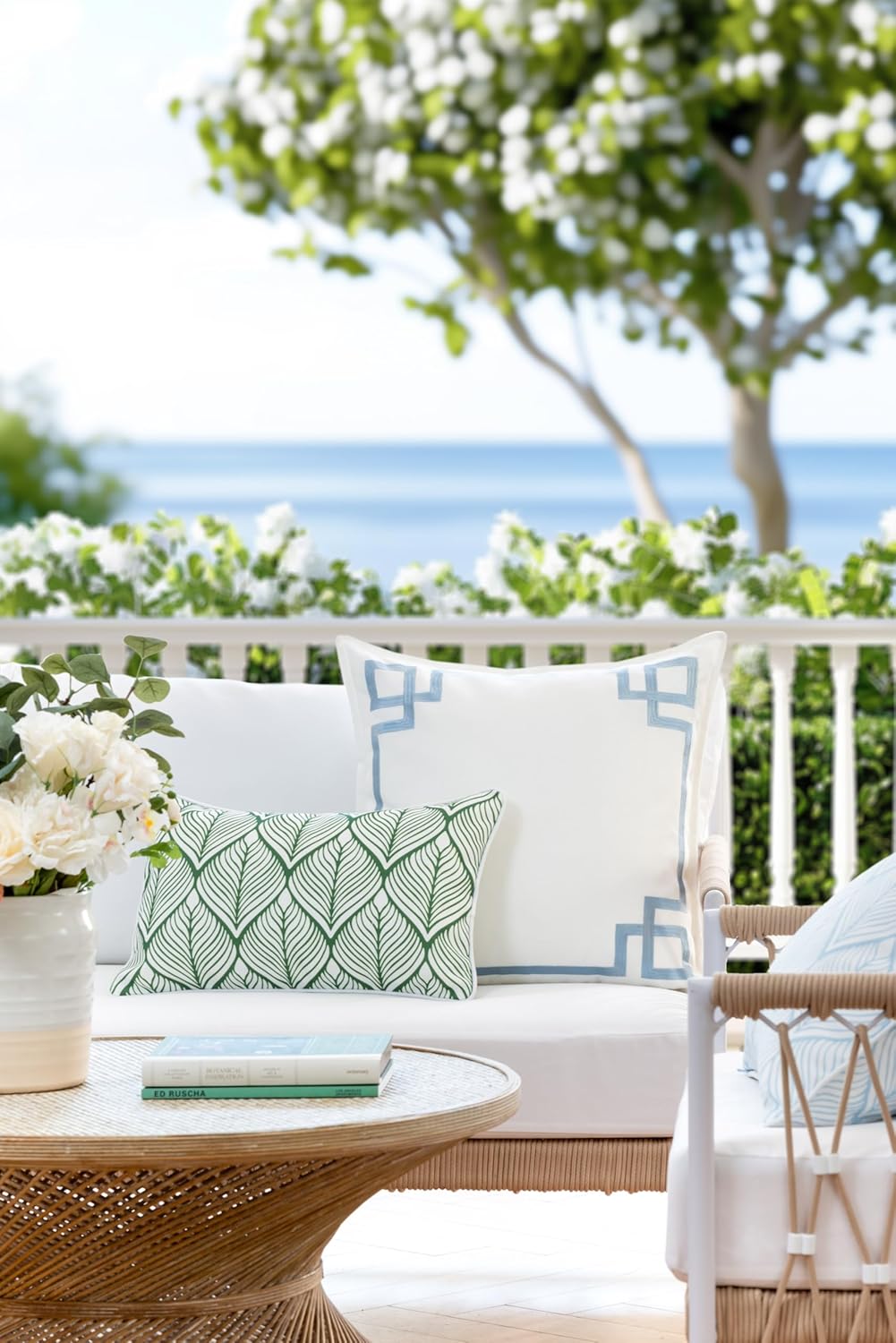 Patio Indoor Outdoor Throw Pillow Cover Only, 20"x20" Water Repellent for Backyard, Couch, Green Print Geometric Leafs