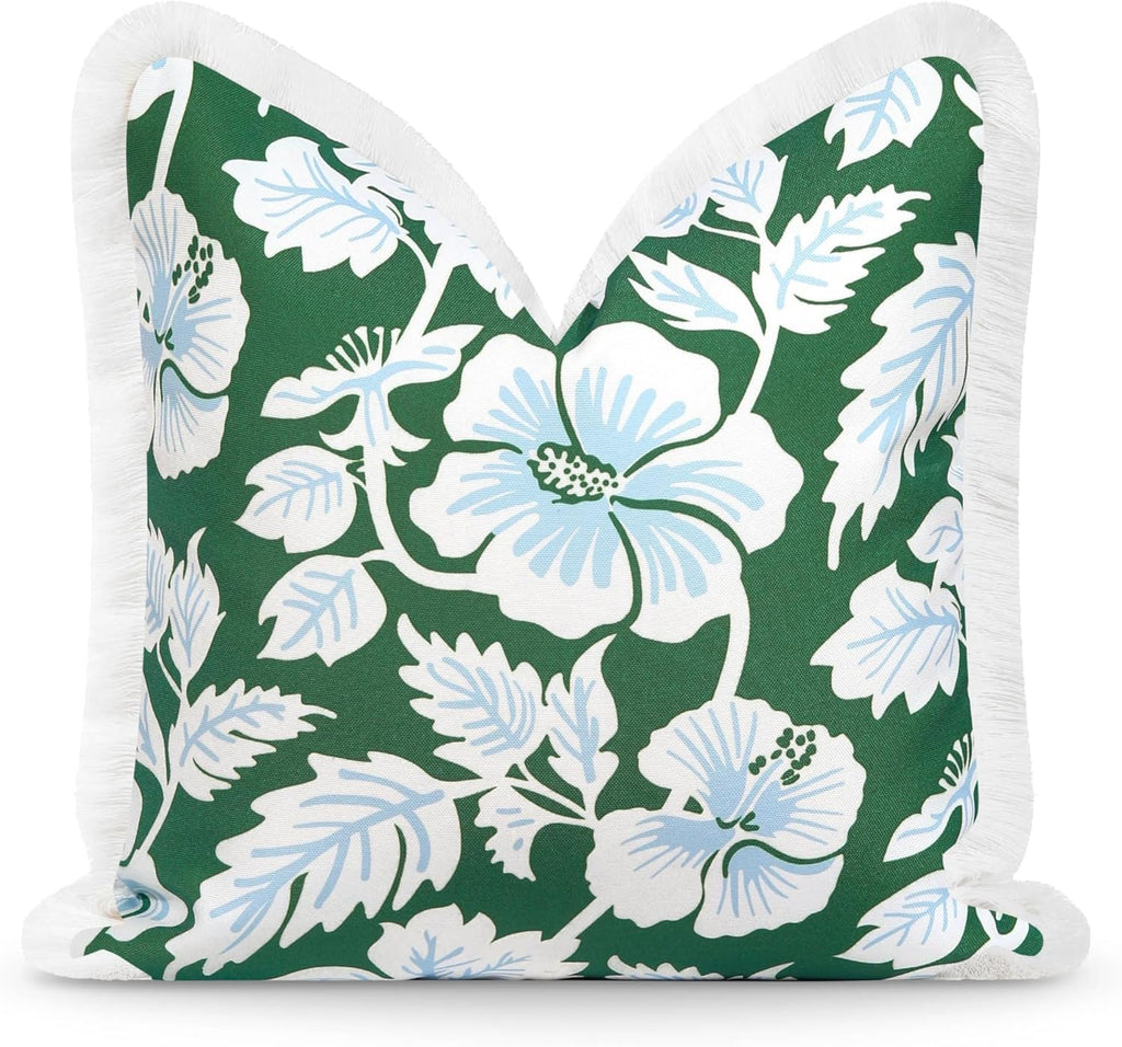 Patio Indoor Outdoor Throw Pillow Cover Only, 20"x20" Water Repellent for Backyard, Couch, Green Print Geometric Leafs