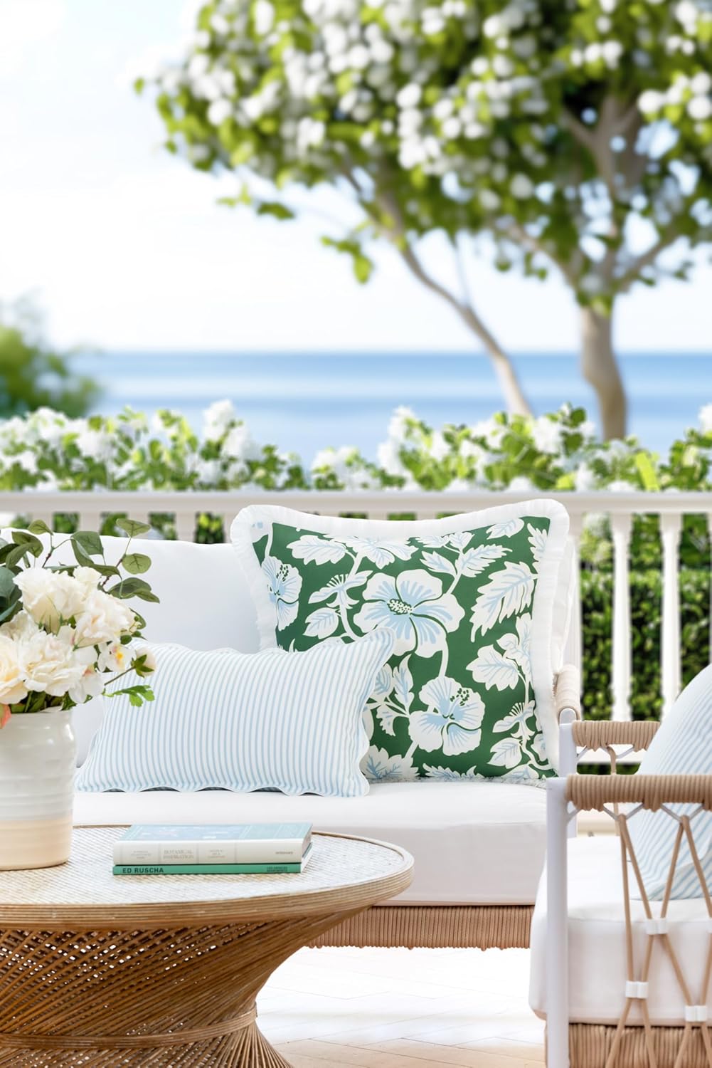Patio Indoor Outdoor Throw Pillow Cover Only, 20"x20" Water Repellent for Backyard, Couch, Green Print Geometric Leafs