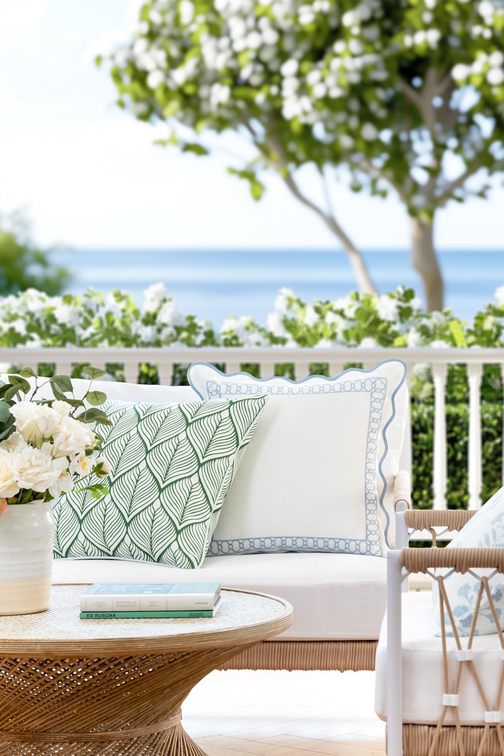 Patio Indoor Outdoor Throw Pillow Cover Only, 20"x20" Water Repellent for Backyard, Couch, Green Print Geometric Leafs