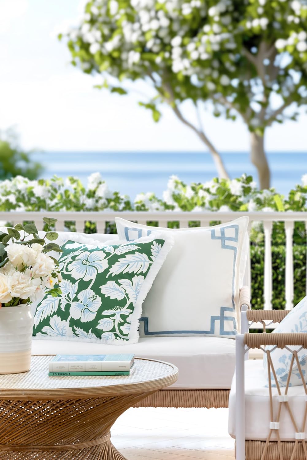 Patio Indoor Outdoor Throw Pillow Cover Only, 20"x20" Water Repellent for Backyard, Couch, Green Print Geometric Leafs