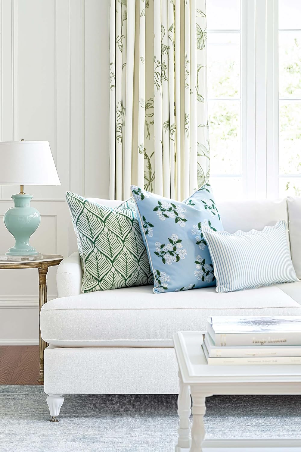Patio Indoor Outdoor Throw Pillow Cover Only, 20"x20" Water Repellent for Backyard, Couch, Green Print Geometric Leafs
