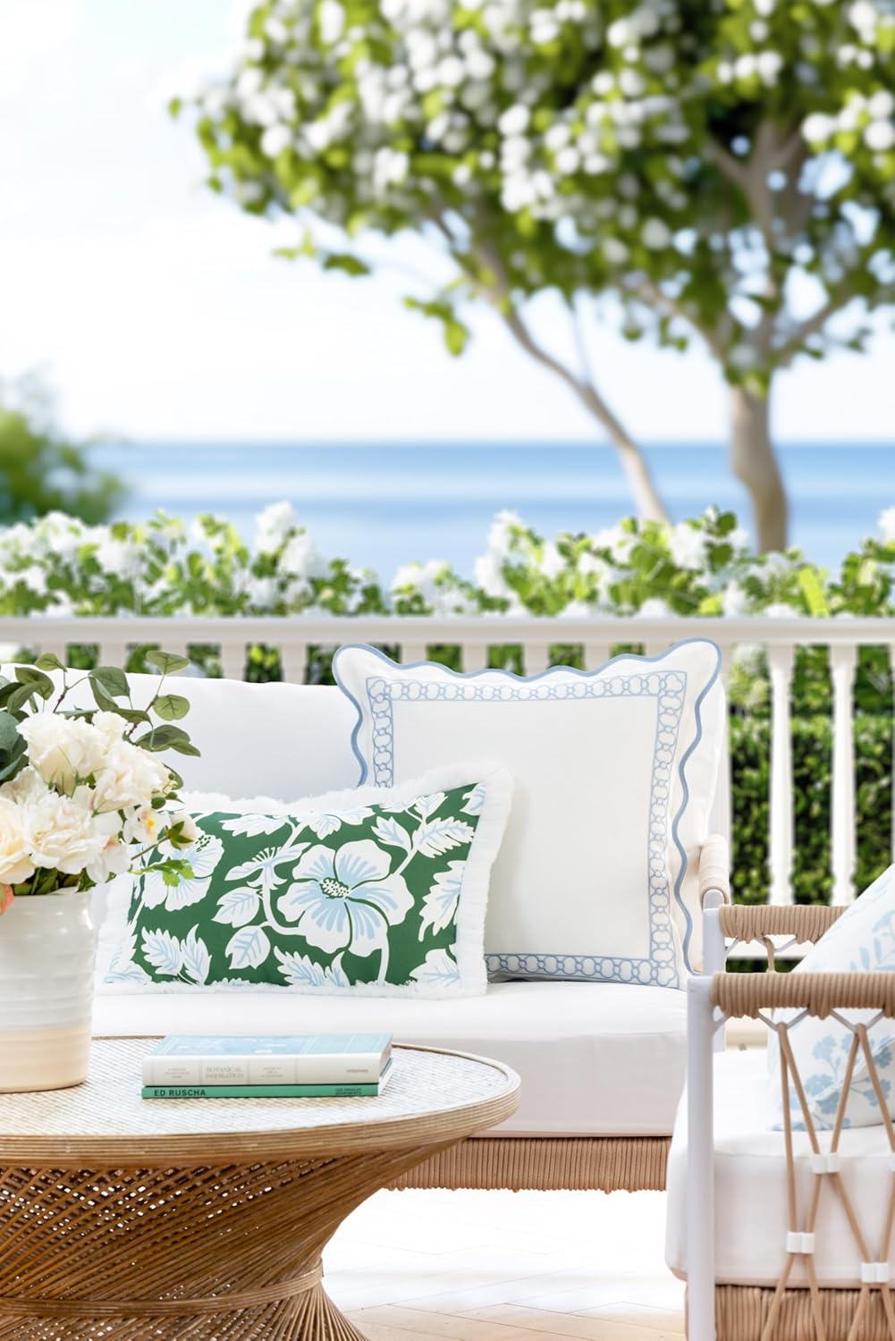 Patio Indoor Outdoor Throw Pillow Cover Only, 20"x20" Water Repellent for Backyard, Couch, Green Print Geometric Leafs