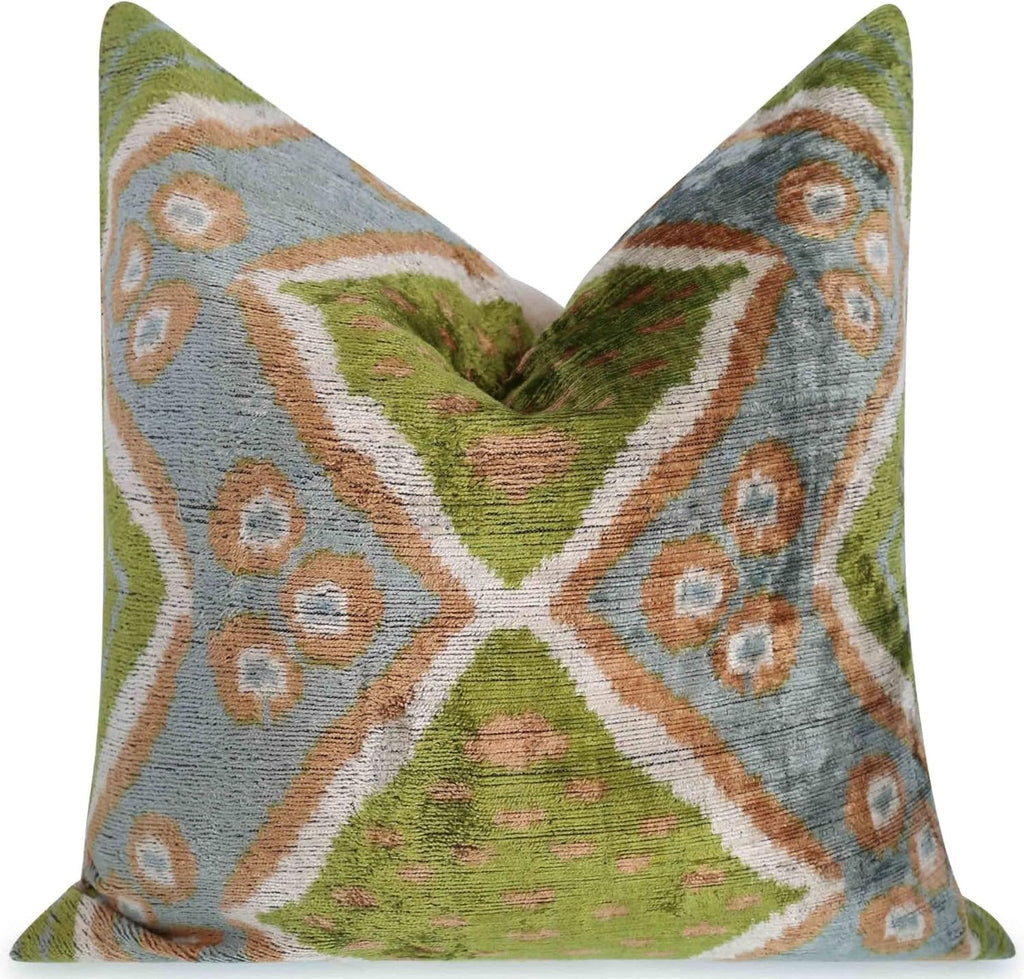 Velvet Throw Pillow with Geometric Ikat Design  Premium Down Feather Insert