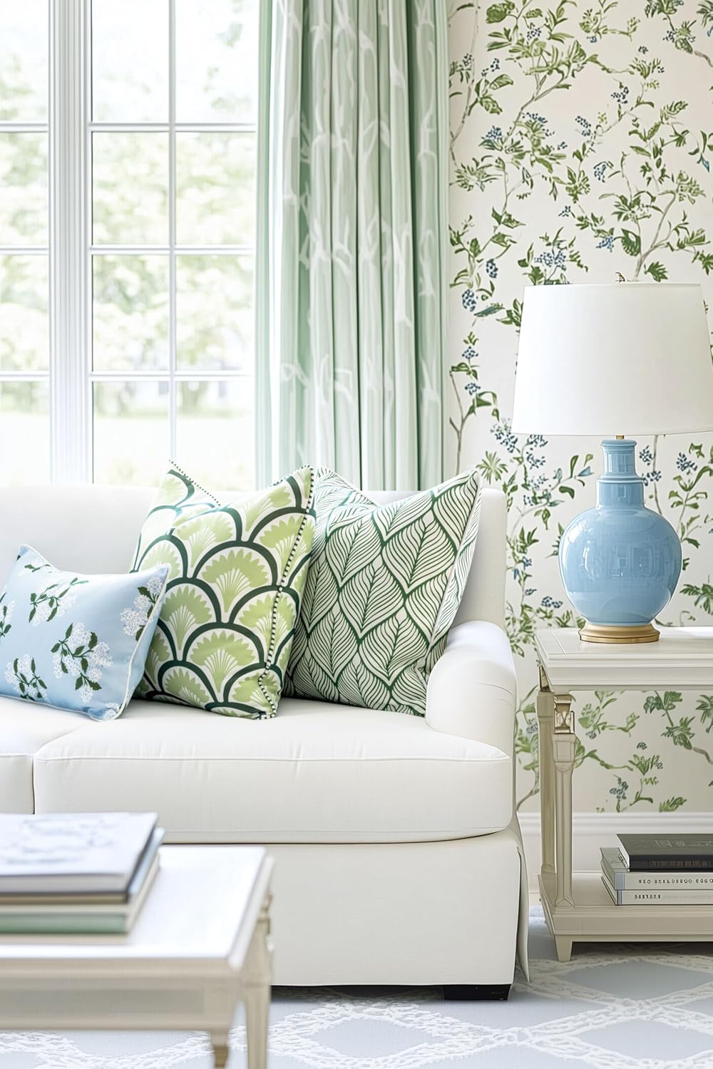 Patio Indoor Outdoor Throw Pillow Cover Only, 20"x20" Water Repellent for Backyard, Couch, Green Print Geometric Leafs