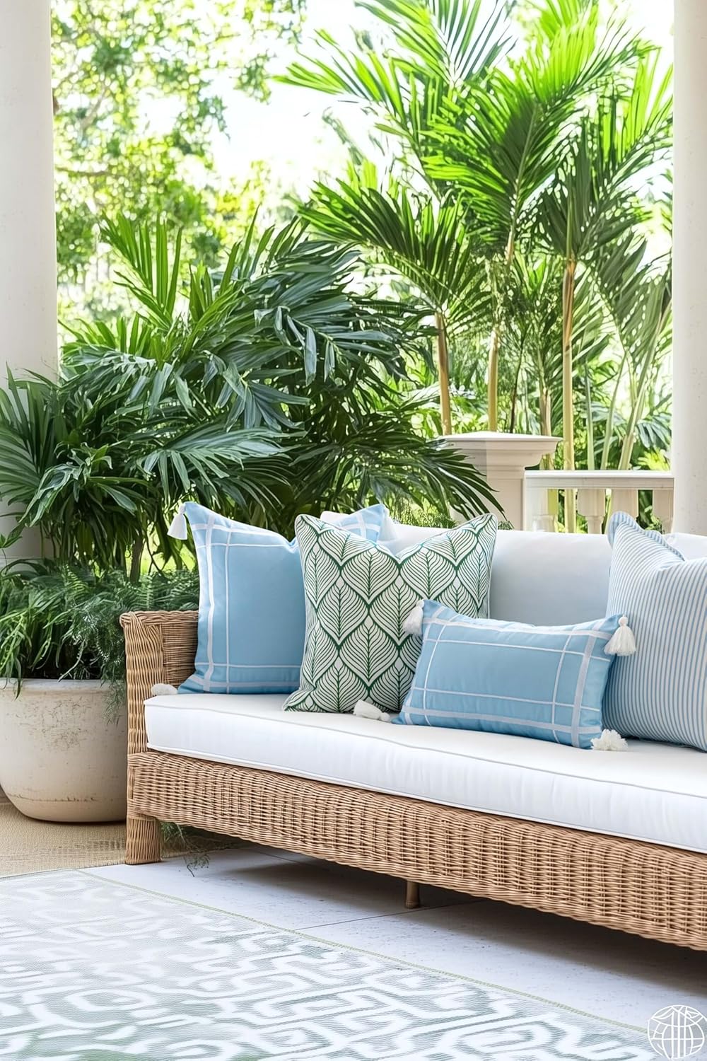 Patio Indoor Outdoor Throw Pillow Cover Only, 20"x20" Water Repellent for Backyard, Couch, Green Print Geometric Leafs