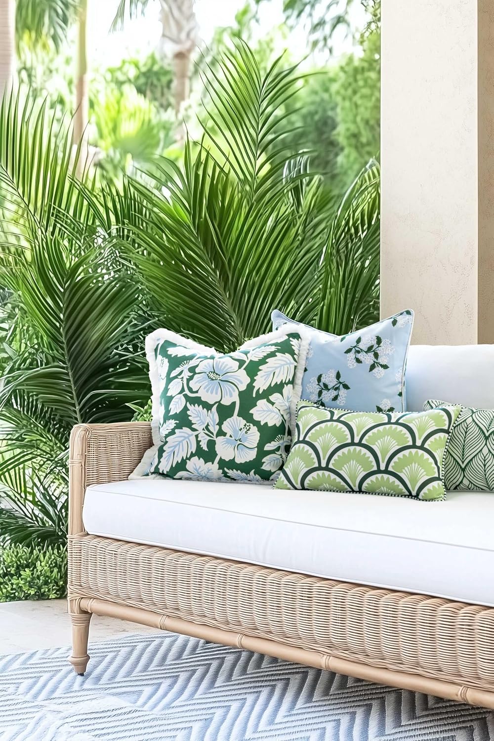 Patio Indoor Outdoor Throw Pillow Cover Only, 20"x20" Water Repellent for Backyard, Couch, Green Print Geometric Leafs