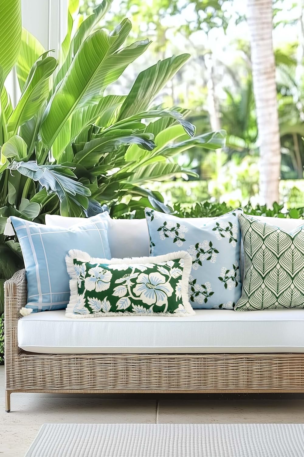 Patio Indoor Outdoor Throw Pillow Cover Only, 20"x20" Water Repellent for Backyard, Couch, Green Print Geometric Leafs